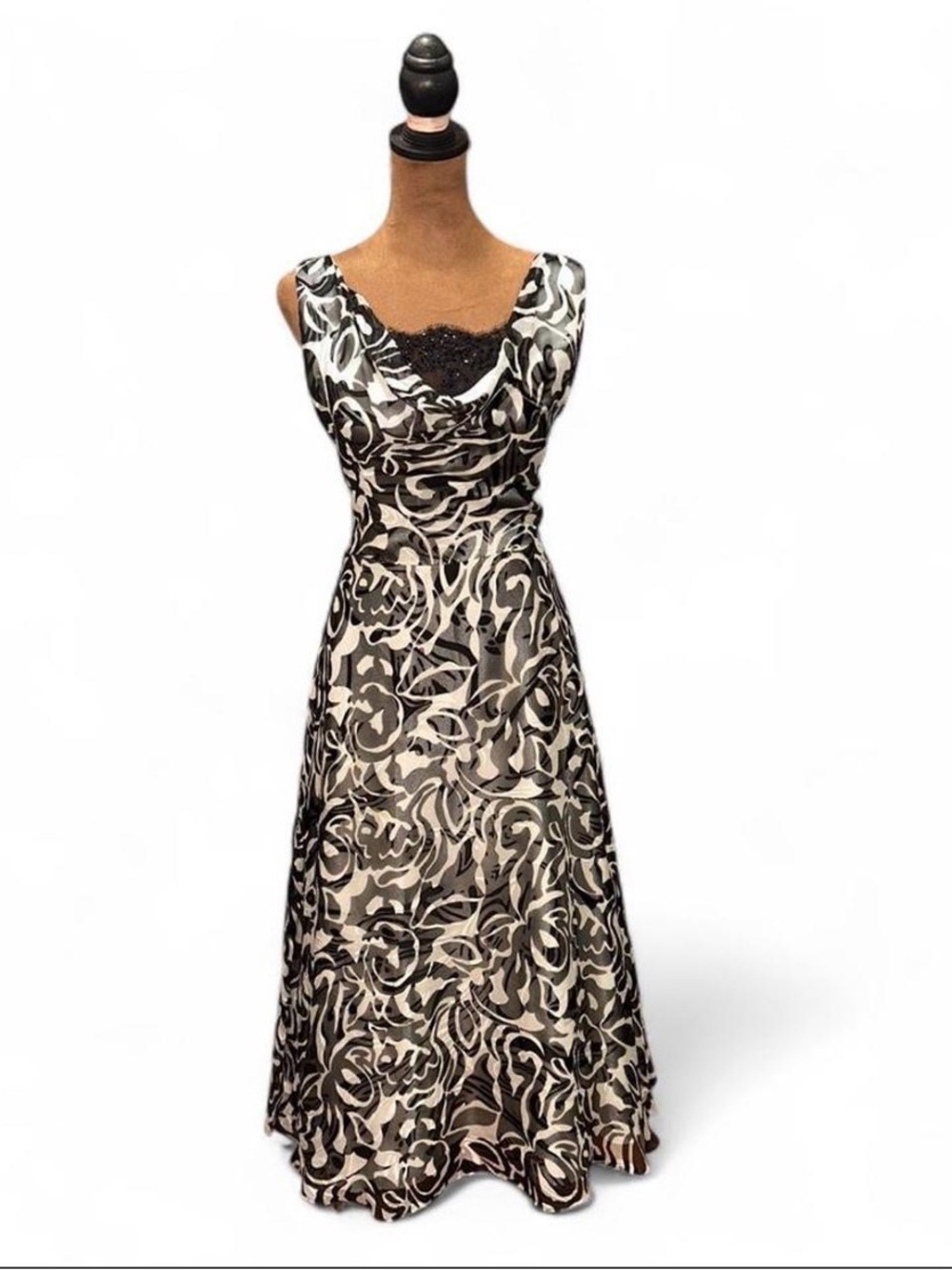 Black and Cream Floral Lace-Accented Women's Cocktail Dress Size 12 Silk Zebra